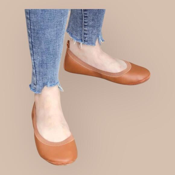 Women’s Foldable Ballet Flats – Tan Brown Slip-On Comfort Shoes Travel Roll Up 7 - Picture 1 of 5